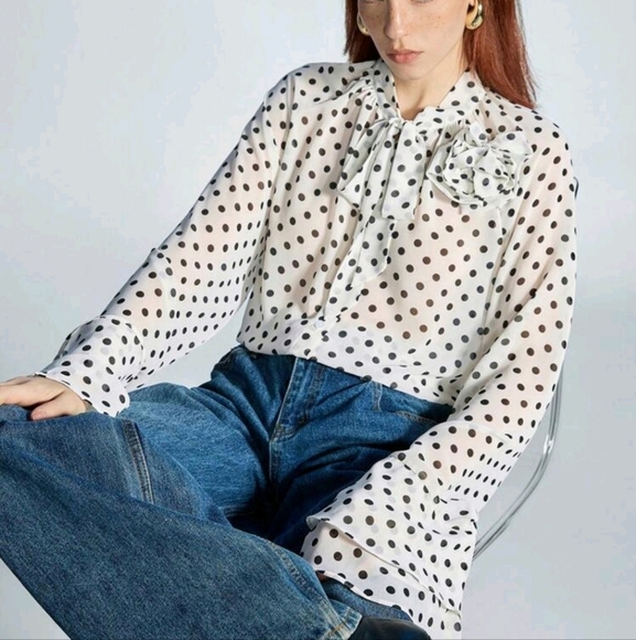 Women's Elegant Chiffon 3D Floral Ruffled Polka Dot Print Loose Blouse - Picture 2 of 4